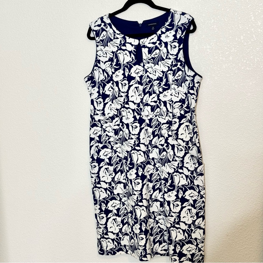 Lands'‎ End Dress 16 Sheath Sleeveless Stretch Ponte Navy Blue White Floral